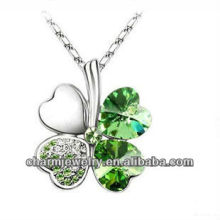 Rhodium Plated Crystal Heart Four Leaf Lucky Clover Pendant Necklace For Women (PE-002G)